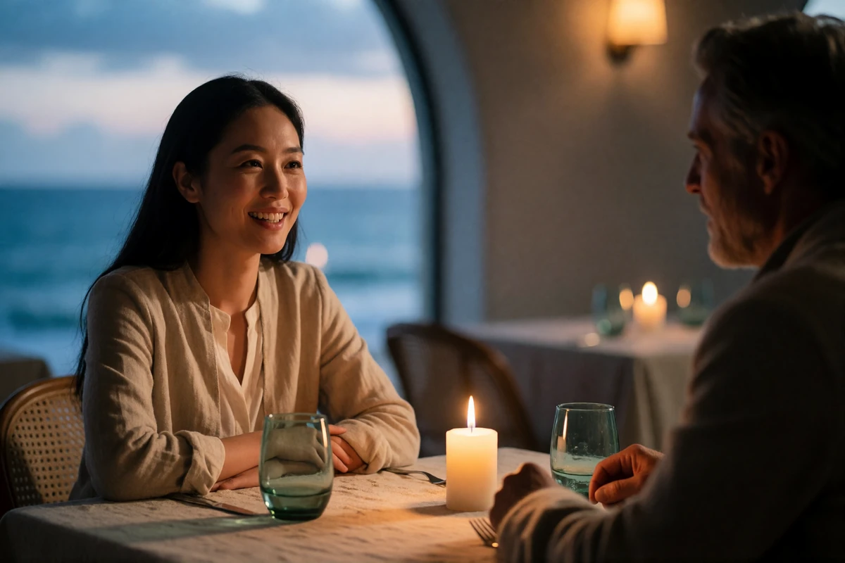 Asian woman leaning forward mid-conversation across a candlelit table from a Western man in an elegant coastal restaurant