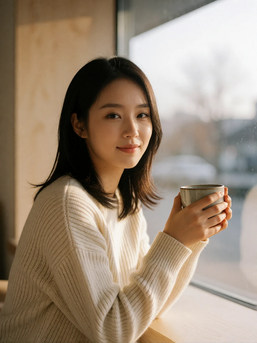 Young Korean woman in a cream ribbed sweater smiling by a sunlit cafe window, a featured Korean dating profile photo