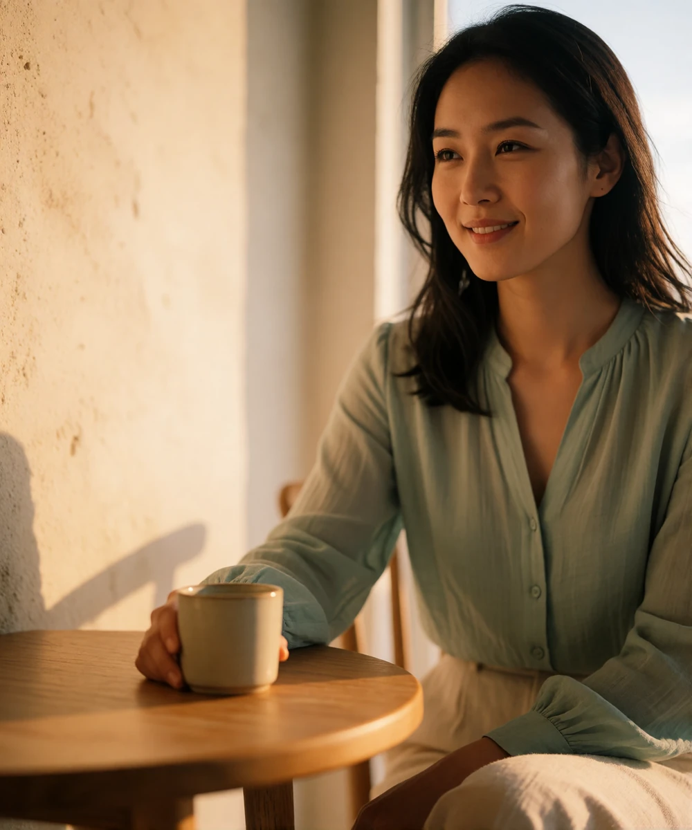 Elegant Asian woman smiling gently over coffee at a small wooden table in a sunlit apartment corner