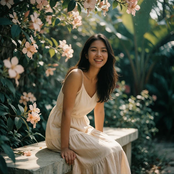 Filipina woman laughing on a garden bench, representing Filipino dating profiles on the platform