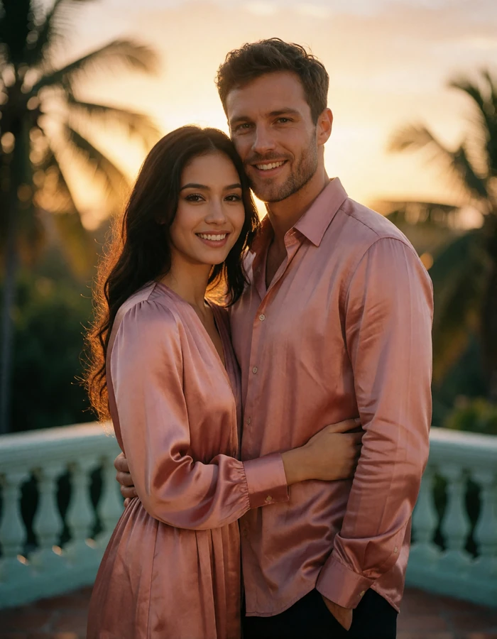 Cambodian woman in a rose silk dress resting her hand on a Western man's arm on a terrace at sunset