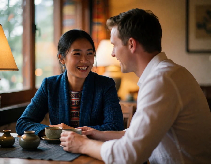 Bhutanese woman in a deep blue woven jacket laughing gently while a Western man in a white shirt listens across a table in a warm tea house
