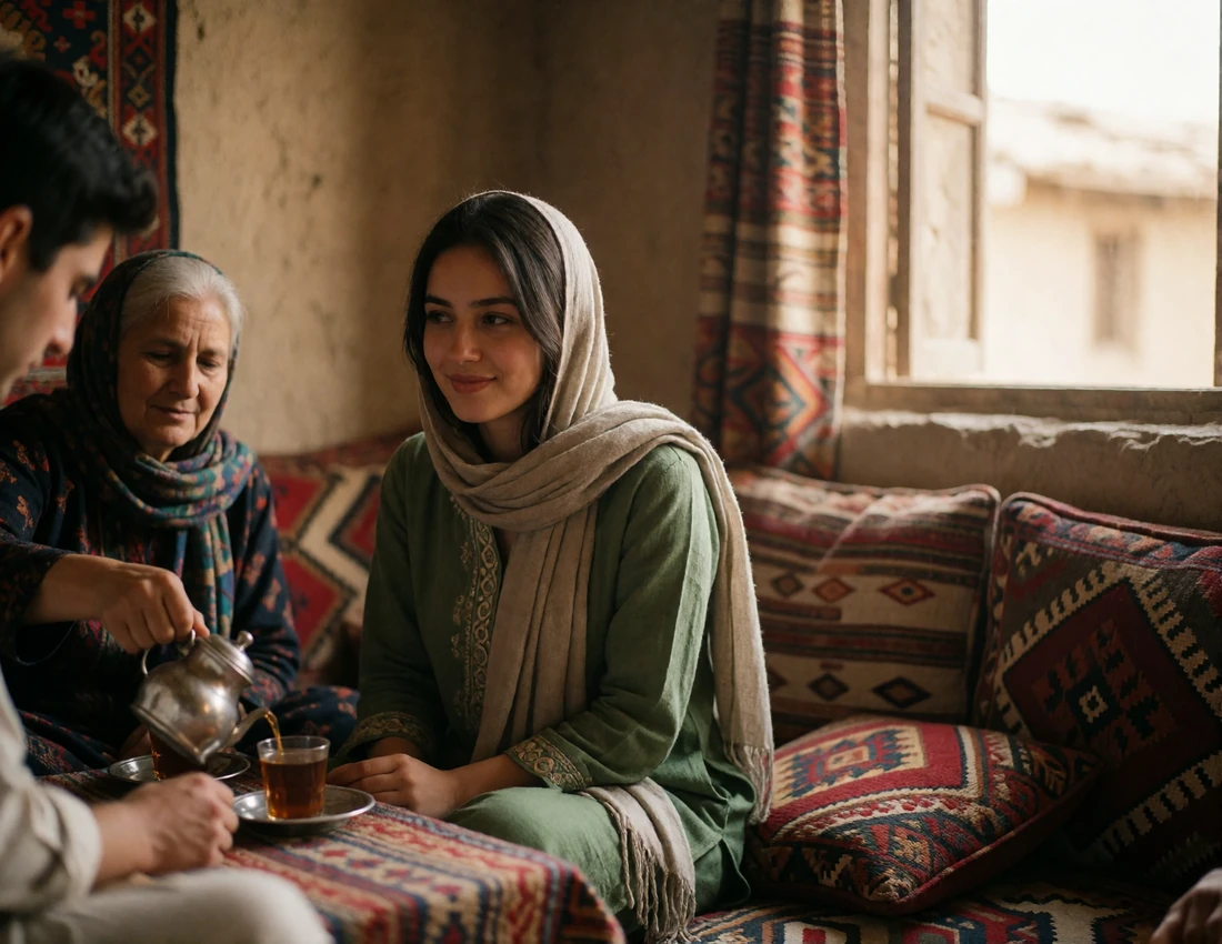 Afghan family seated together on patterned cushions sharing tea in a warm traditional home interior