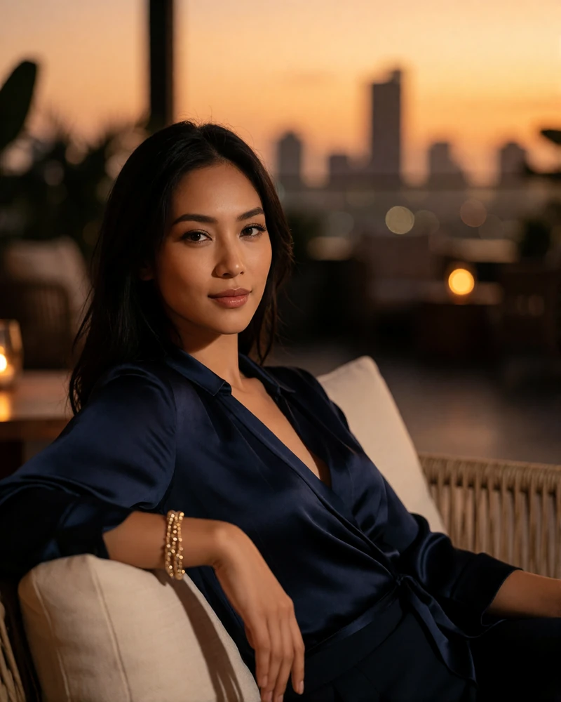 Filipina woman in a navy silk blouse relaxing at a rooftop lounge at dusk, a featured Filipino dating profile photo