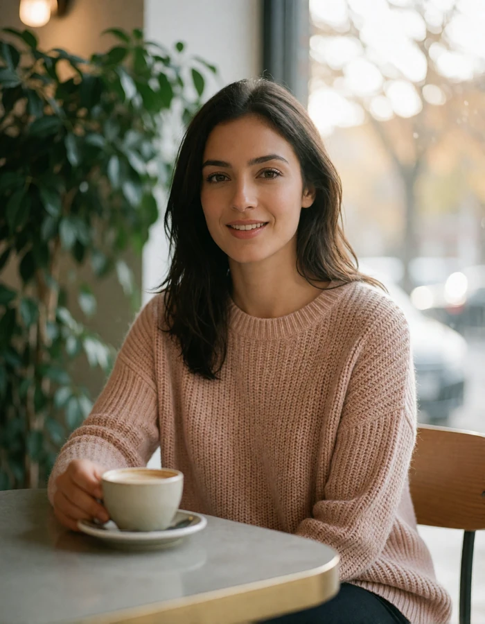 Jordanian woman in a blush knit sweater at a plant-filled cafe window, featured Jordanian singles online profile photo