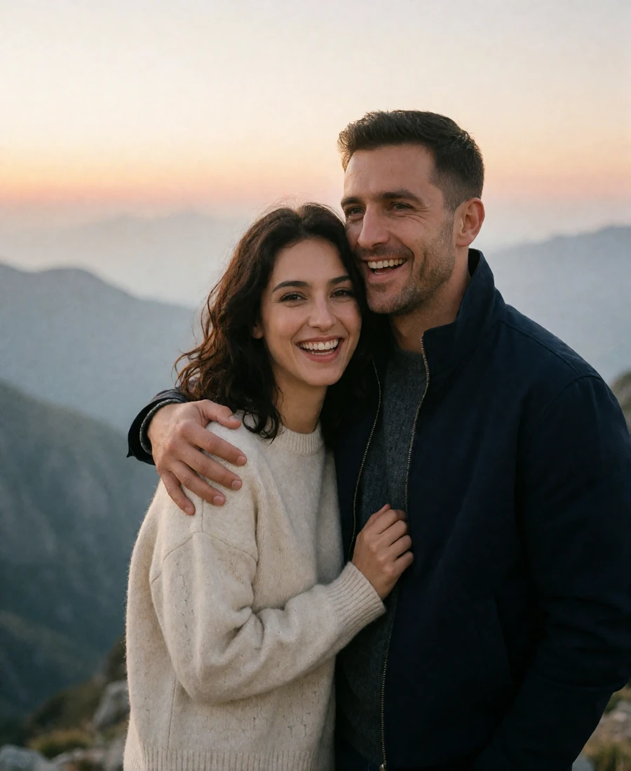 Armenian woman in a cream sweater and Western man in a navy jacket laughing together at a mountain viewpoint