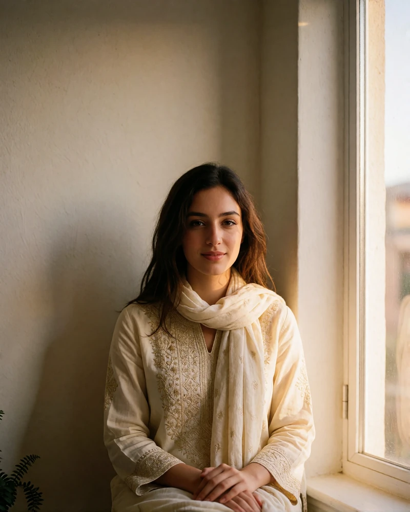 Afghan woman in a cream tunic with gold embroidery seated near a bright window, verified member profile photo