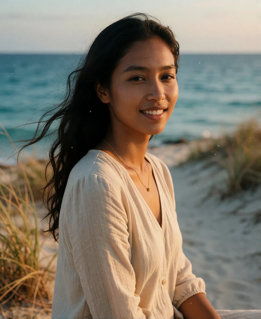 Young Timorese woman in a sand-toned blouse smiling on a quiet coastal path, featured Timorese dating profile photo