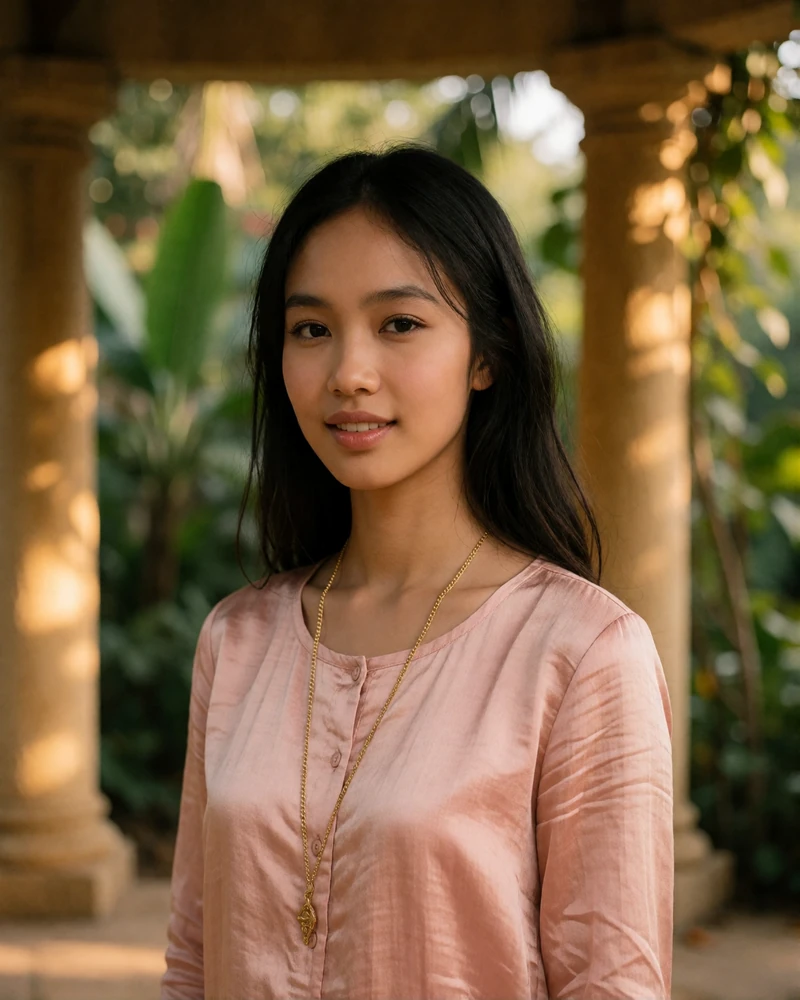 Young Cambodian woman in a pale rose blouse smiling under a garden pavilion, featured Cambodian dating profile photo