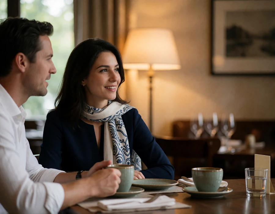 Afghan woman in an elegant navy dress with a light scarf seated across a table from a Western man in a refined restaurant