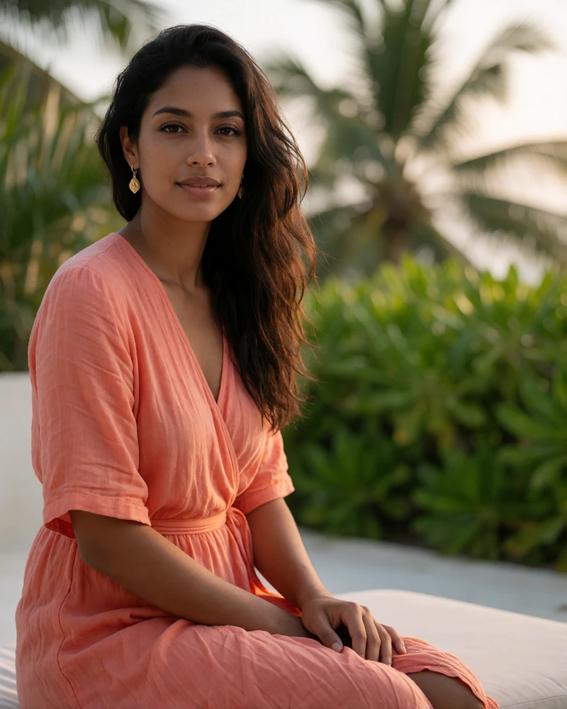 Maldivian woman in a coral wrap dress seated on a resort terrace with blurred palm foliage, featured Maldivian brides profile photo