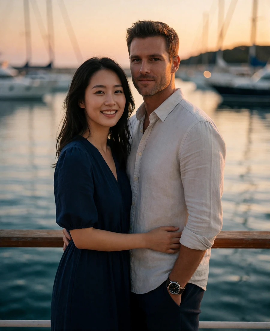 Japanese woman in a navy dress and Western man standing together at a harbor railing in early evening