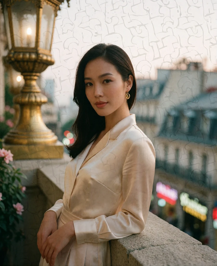 Vietnamese woman in an ivory silk blouse on an upscale hotel terrace at golden hour, featured member profile photo