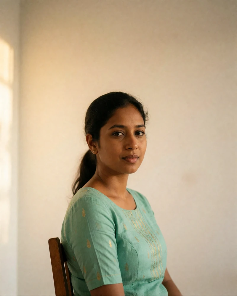 Sri Lankan woman in a seafoam-green blouse in a bright minimal interior, featured member profile photo