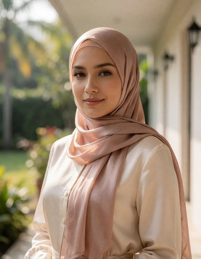 Malaysian woman in a blush hijab and cream blouse standing in a bright corridor, featured Malaysian dating profile photo