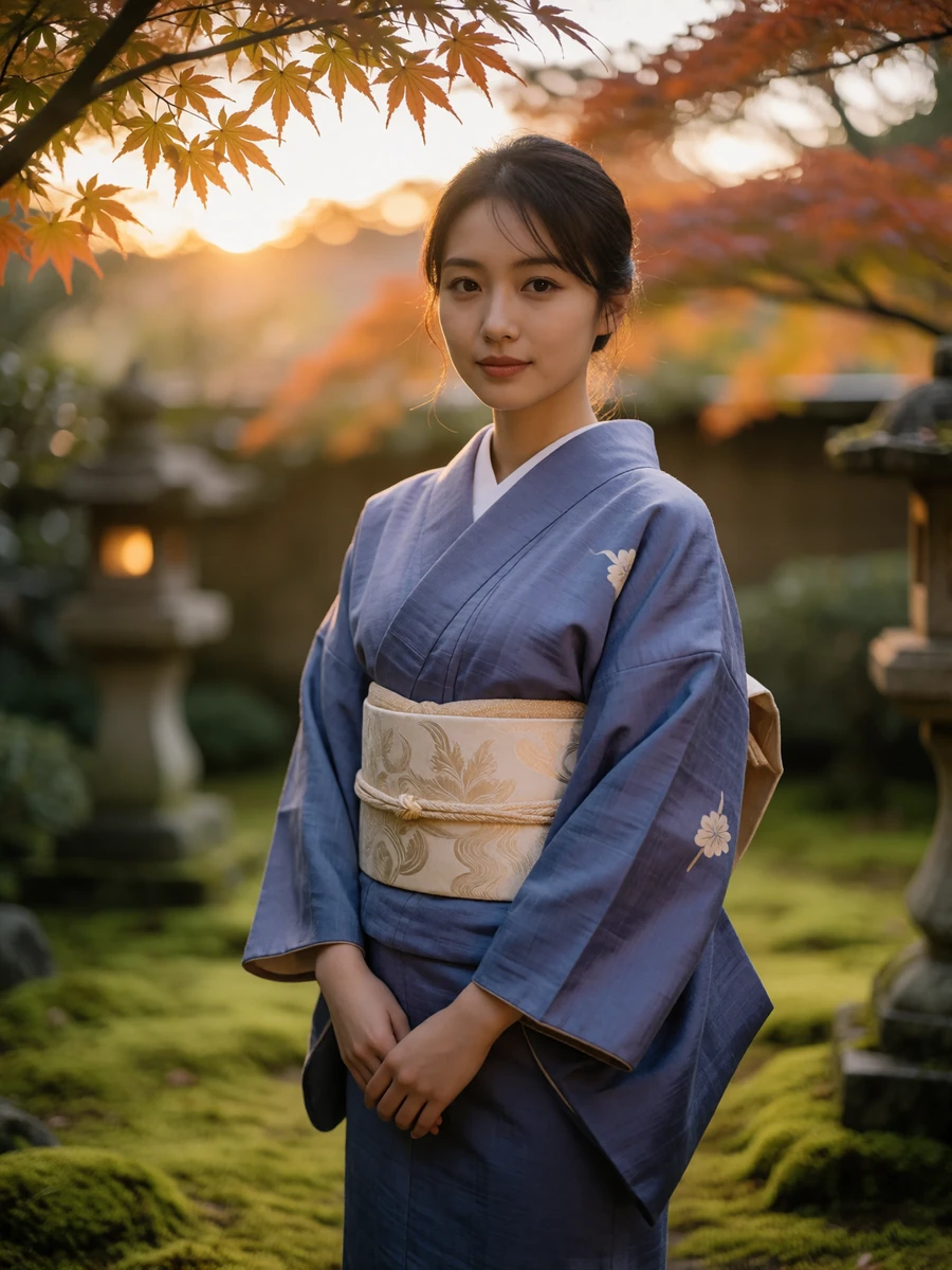 Young Japanese woman in a soft indigo kimono standing in a quiet moss garden, a featured Japanese dating profile photo
