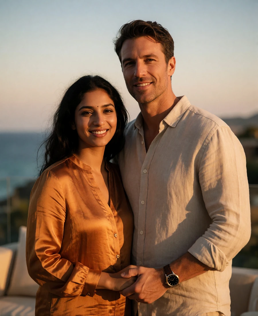 Indian woman in an amber silk blouse and Western man in a linen shirt standing together on a hotel terrace at golden hour
