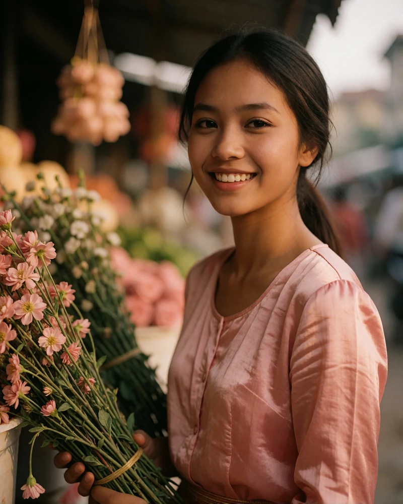 Burmese woman in a soft pink blouse smiling beside a flower stall in warm shaded market light