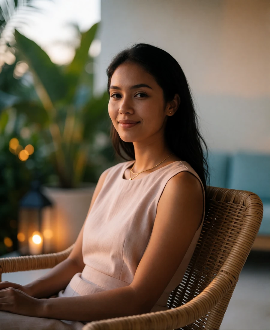 Bruneian woman in a soft blush linen dress smiling on a shaded rattan terrace, featured Bruneian dating profile photo