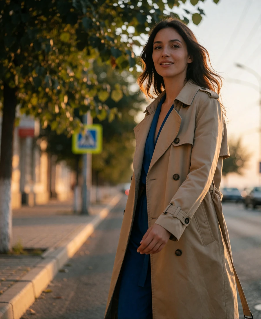 Kyrgyz woman in a beige trench coat walking a tree-lined Bishkek street at dusk, featured Kyrgyz dating profile photo