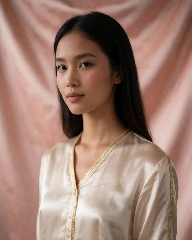 Elegant Laotian woman in an ivory silk blouse with a composed gentle smile, verified member profile photo