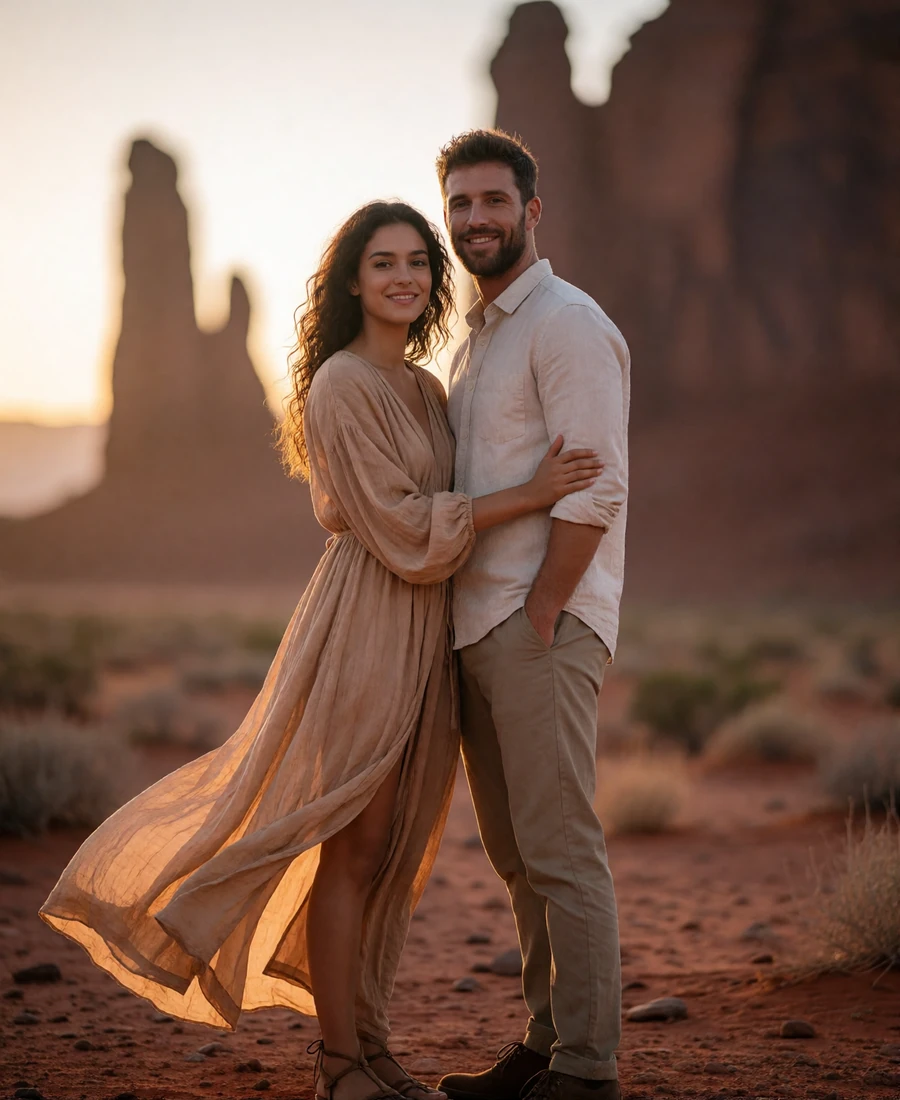 Jordanian woman in a sand-toned dress and Western man standing together on red desert ground at sunset