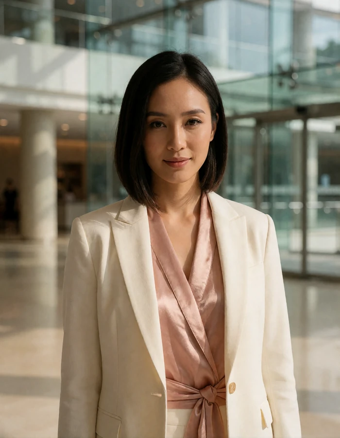 Singaporean woman in a cream blazer smiling in a bright glass-walled office lobby, featured Singapore dating profile photo