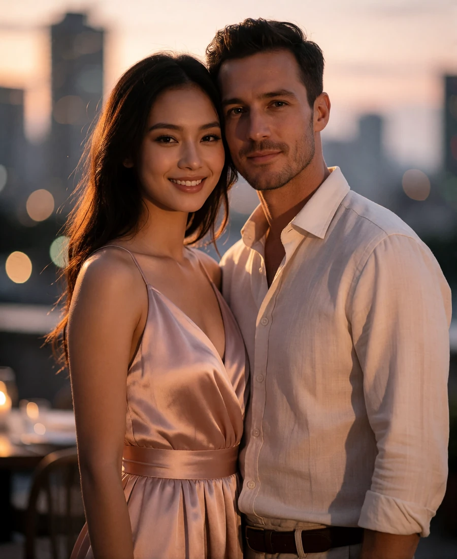 Malaysian woman in an elegant blush dress standing close to a Western man on a rooftop terrace at dusk