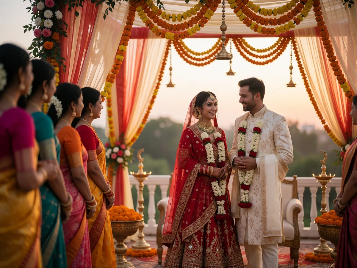 Indian bride in a red and gold lehenga and groom in a cream sherwani under a garland-draped canopy surrounded by guests
