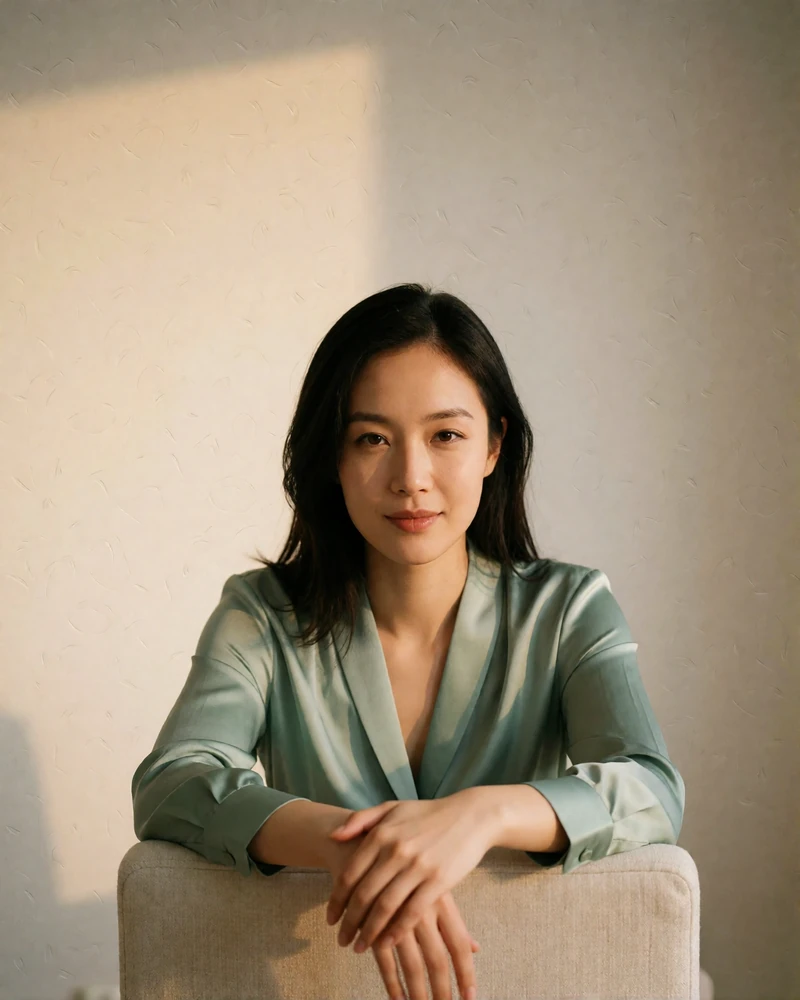 Chinese woman in a sage-green satin blouse in a warm studio portrait, verified member profile photo