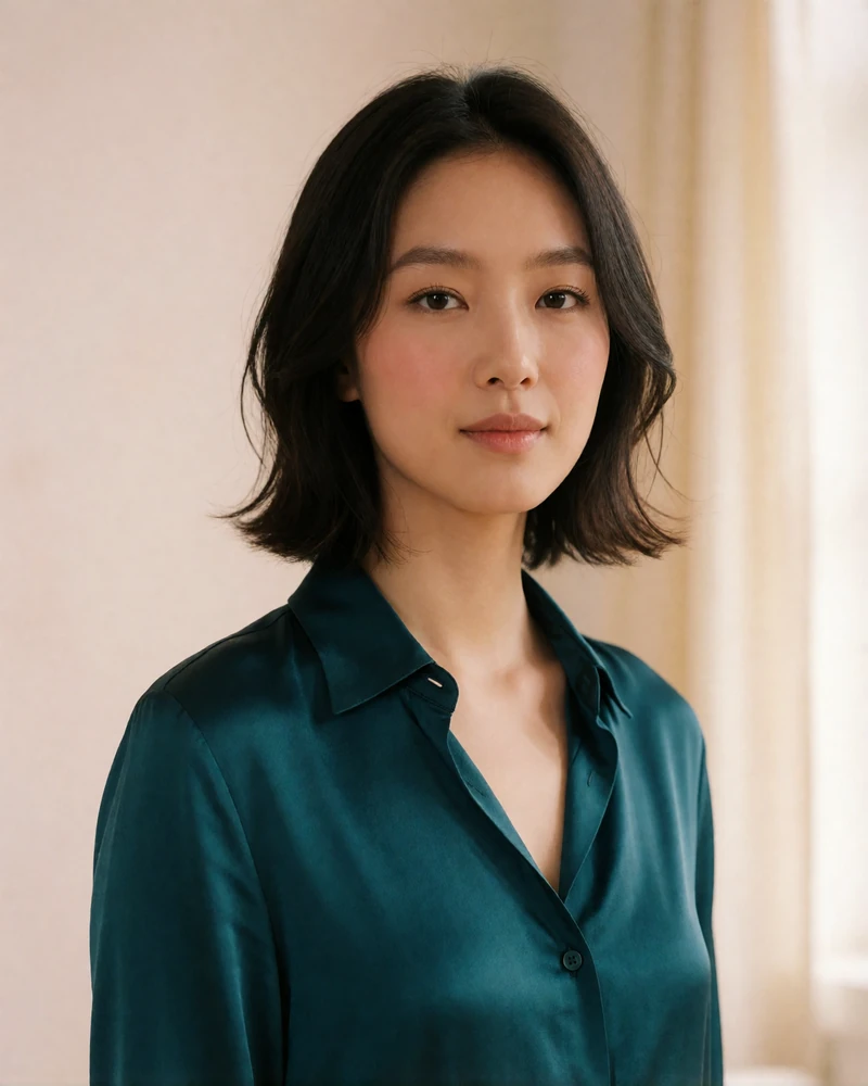 Korean woman with a shoulder-length dark bob standing in a bright minimalist atelier, featured member profile photo