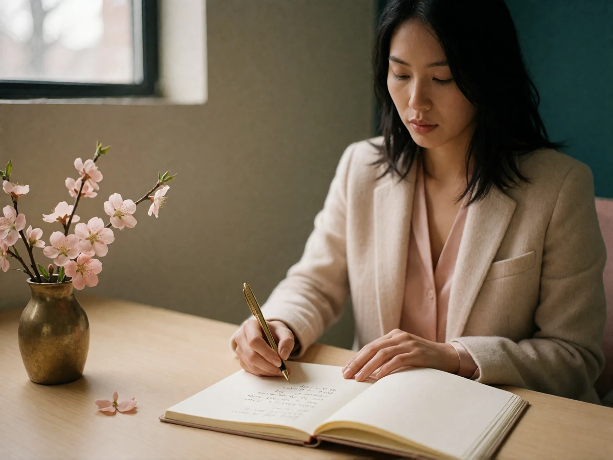 Asian woman in a cream blazer reviewing handwritten notes at a wooden desk in a quiet office corner
