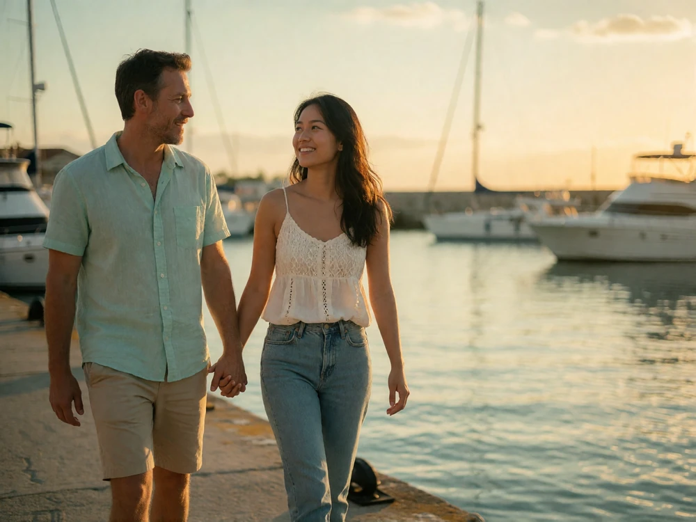 Filipina woman holding hands with a Western man while walking along a harbor promenade at golden hour
