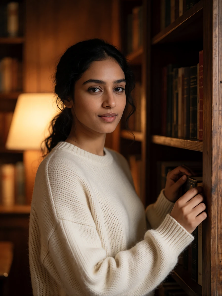 Young Indian woman in a cream knit sweater beside tall wooden bookshelves in a reading room, featured member profile photo