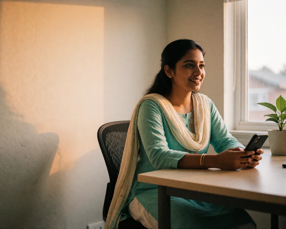 Bangladeshi woman in a teal kurta seated at a sunlit desk with a phone, representing private platform messaging