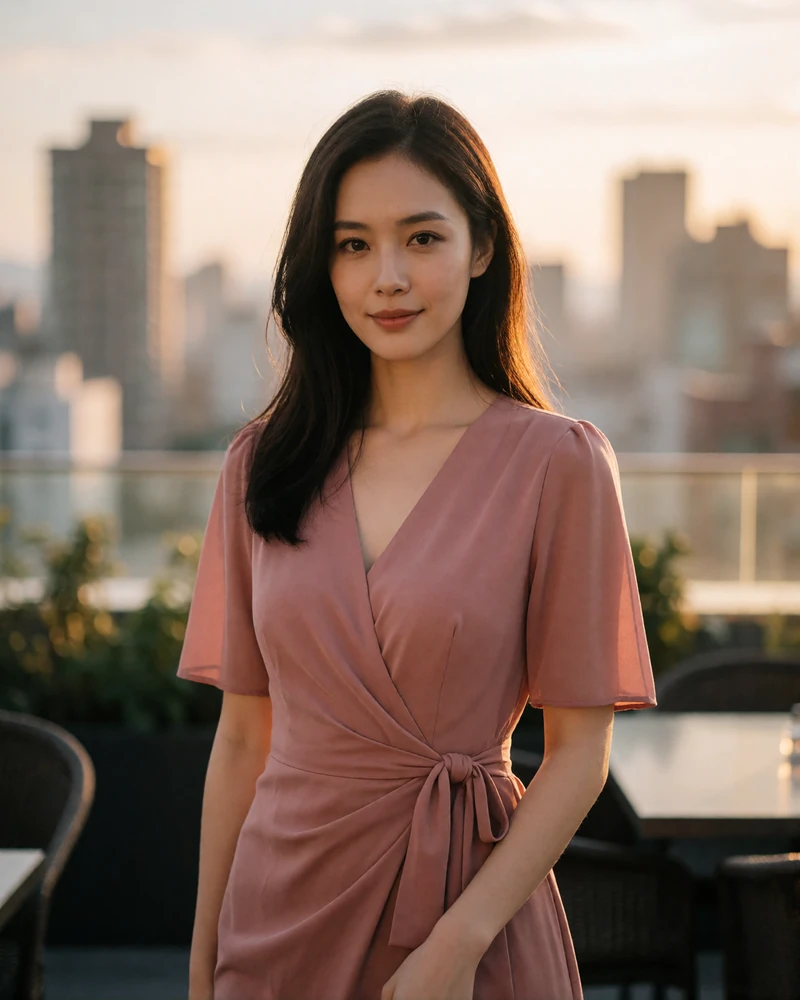 Taiwanese woman in a dusty-rose dress on an upscale rooftop lounge at golden hour, a featured Taiwanese dating profile photo