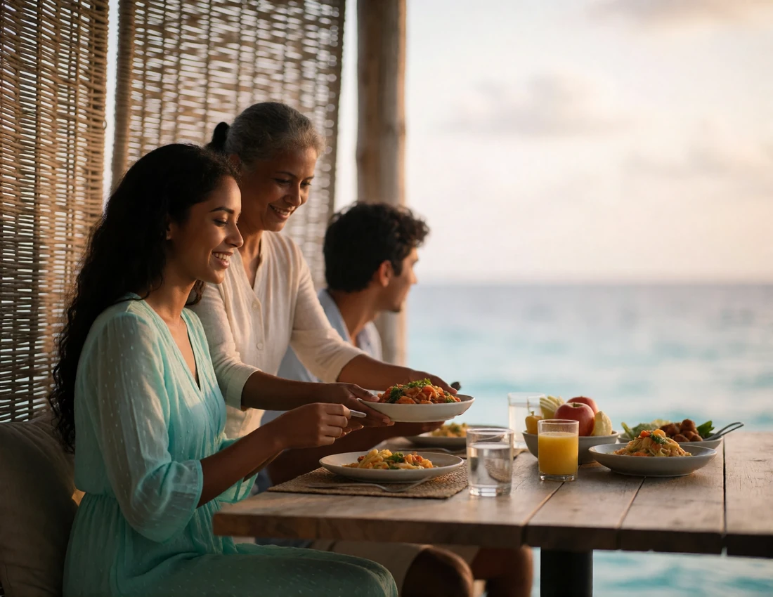 Maldivian family sharing a meal on a shaded seaside veranda with a young woman in a turquoise dress smiling