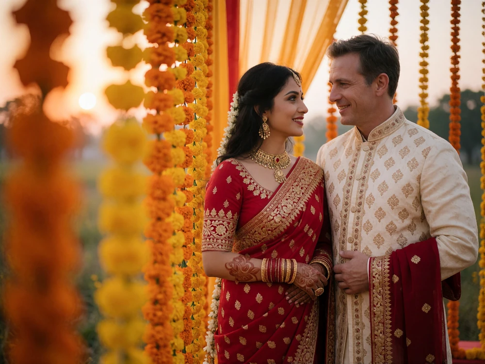 Bangladeshi woman in a red and gold saree beside a Western man in a cream sherwani at an outdoor celebration