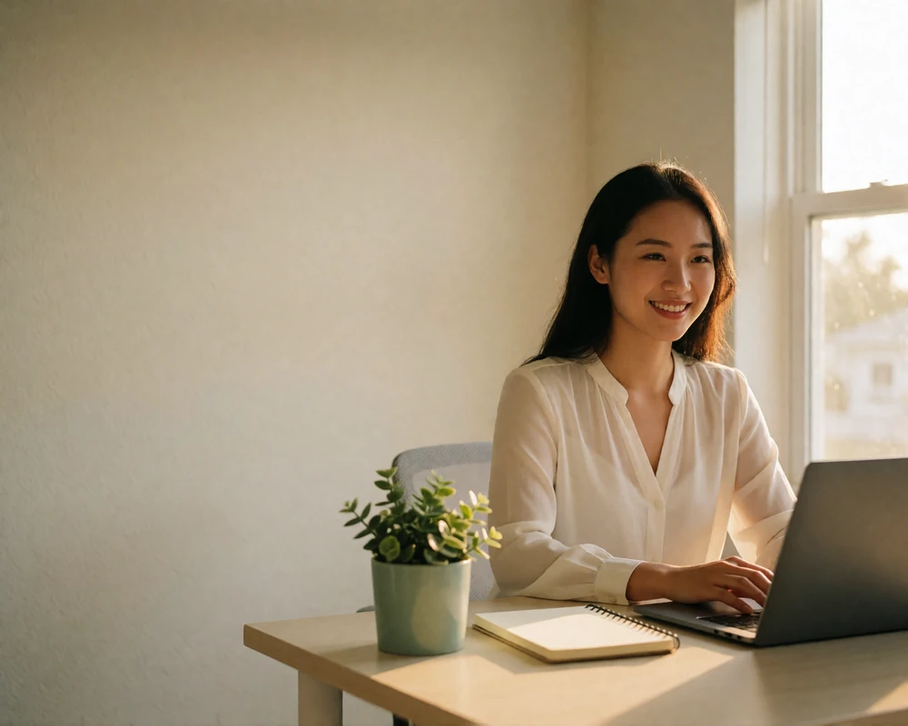 Chinese woman sitting at a bright home desk beside a window, smiling warmly during an online conversation