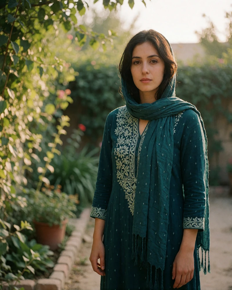 Afghan woman in a deep teal embroidered dress standing in a sunlit garden courtyard, featured Afghan dating profile photo