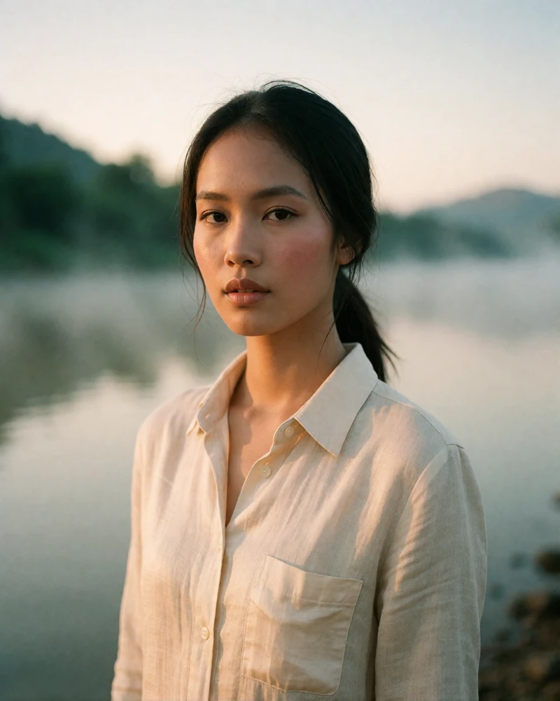 Laotian woman in a cream linen shirt standing by a wide river at dawn, featured Laotian brides profile photo