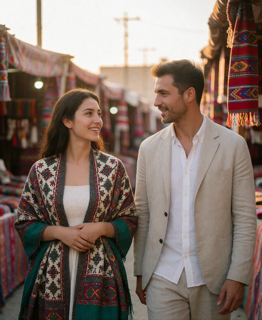 Turkmen woman in a patterned shawl and Western man walking together through a sunlit craft market aisle