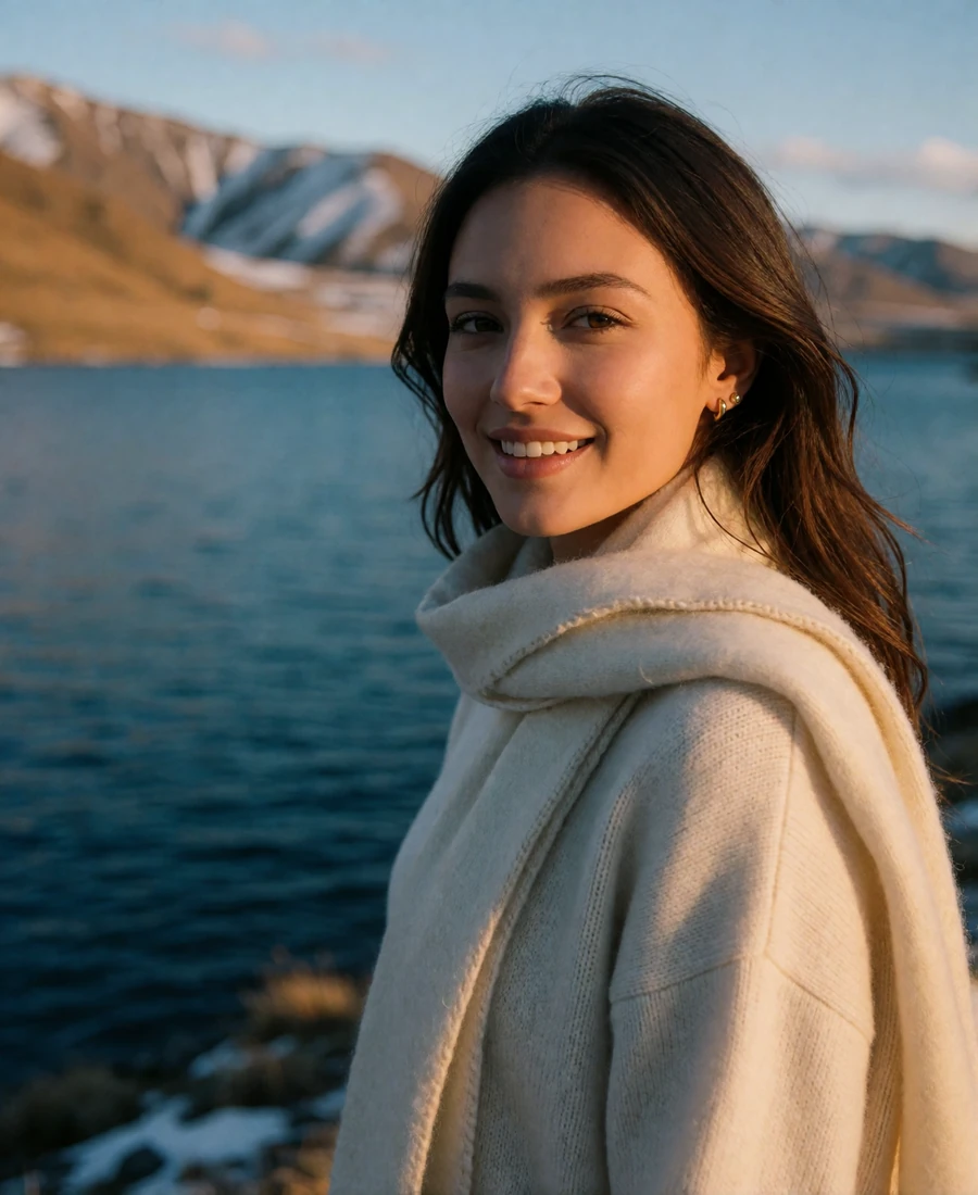 Young Kyrgyz woman in a cream sweater smiling beside an alpine lake in soft golden-hour light, featured profile photo