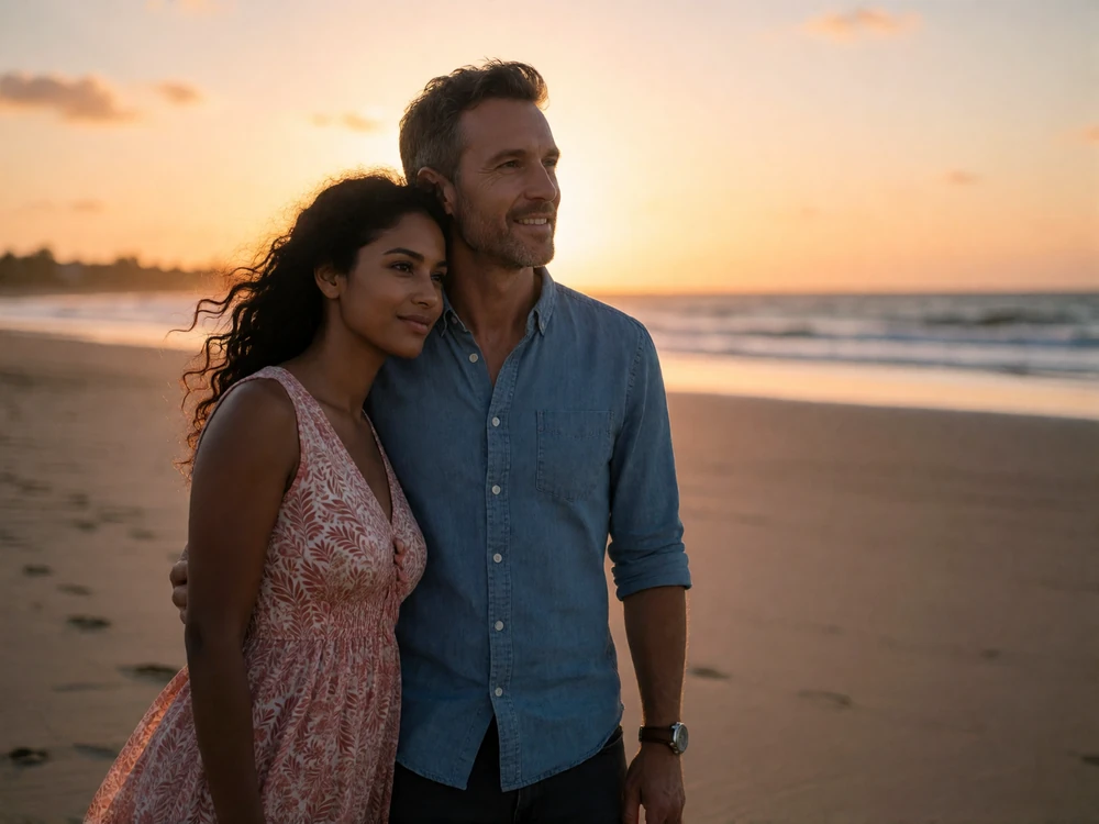 Sri Lankan woman resting her head on the shoulder of a Western man as they watch the sunset on a wide empty beach