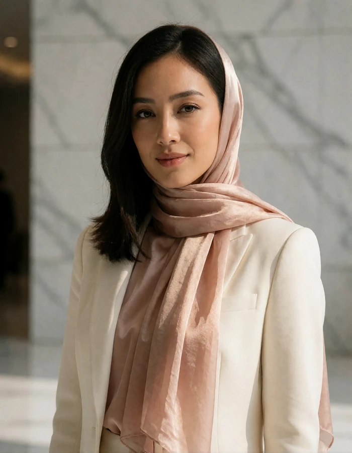 Poised Indonesian woman in a hijab and tailored cream jacket in a bright modern lobby, verified member profile photo
