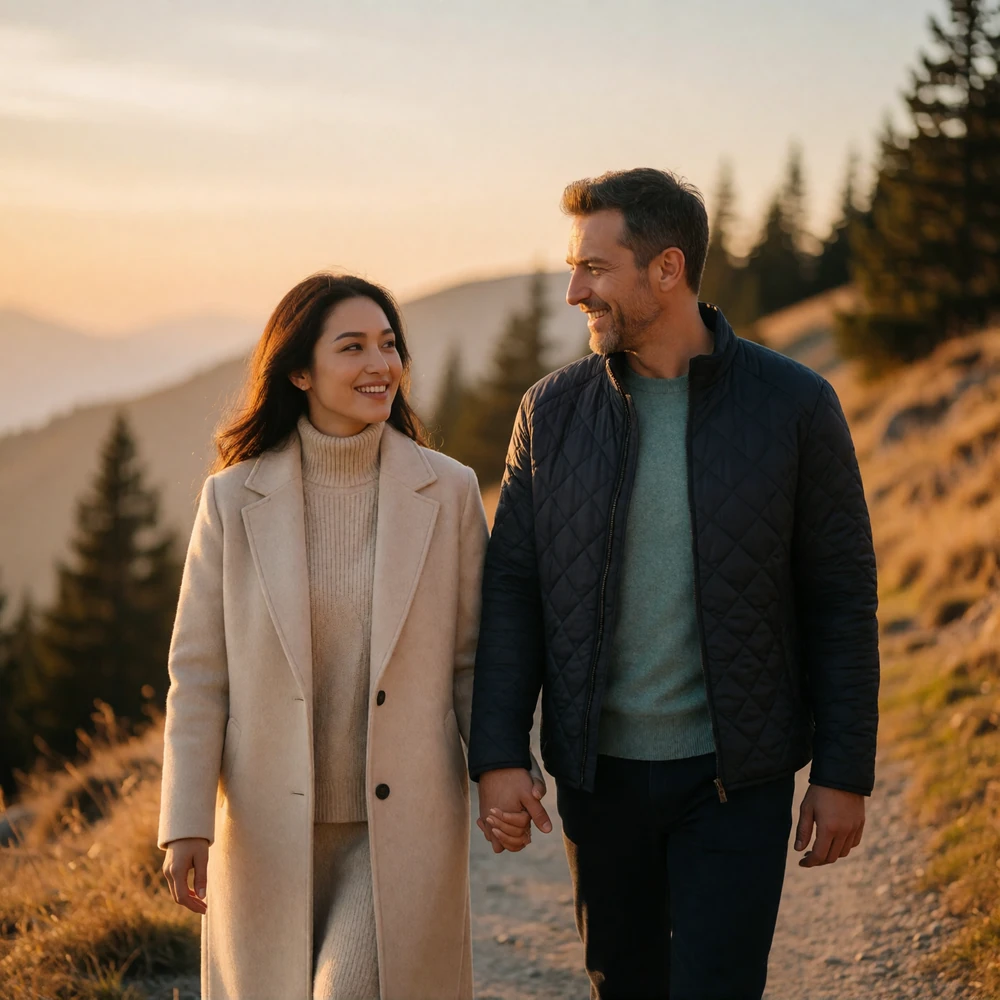 Kazakh woman and Western man walking together on a mountain-view path at golden hour, hands joined and smiling