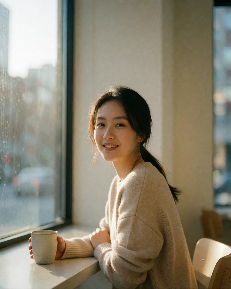 Chinese woman in a beige knit sweater smiling at a bright cafe window seat, featured Chinese dating profile photo