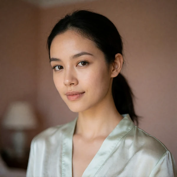 Malaysian woman with tied-back dark hair in a pale mint blouse, calm direct gaze, verified member profile photo