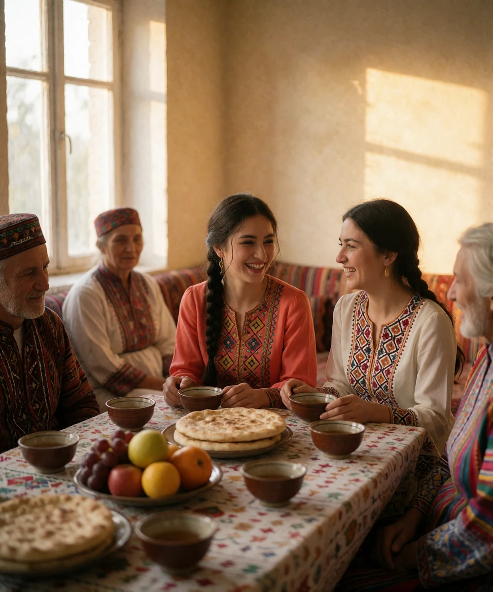 Multi-generational Tajik family gathered around a low table with fresh fruit, flatbread and tea in a sunlit traditional home