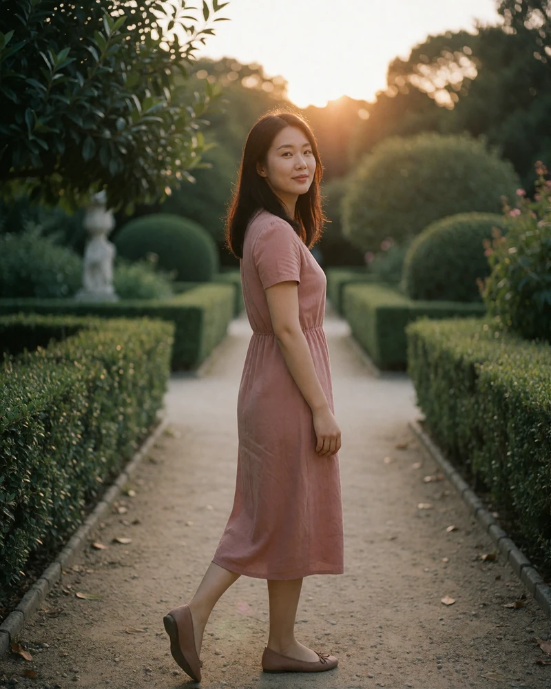 Chinese woman in a dusty-rose midi dress walking along a garden path, featured Chinese singles online profile photo